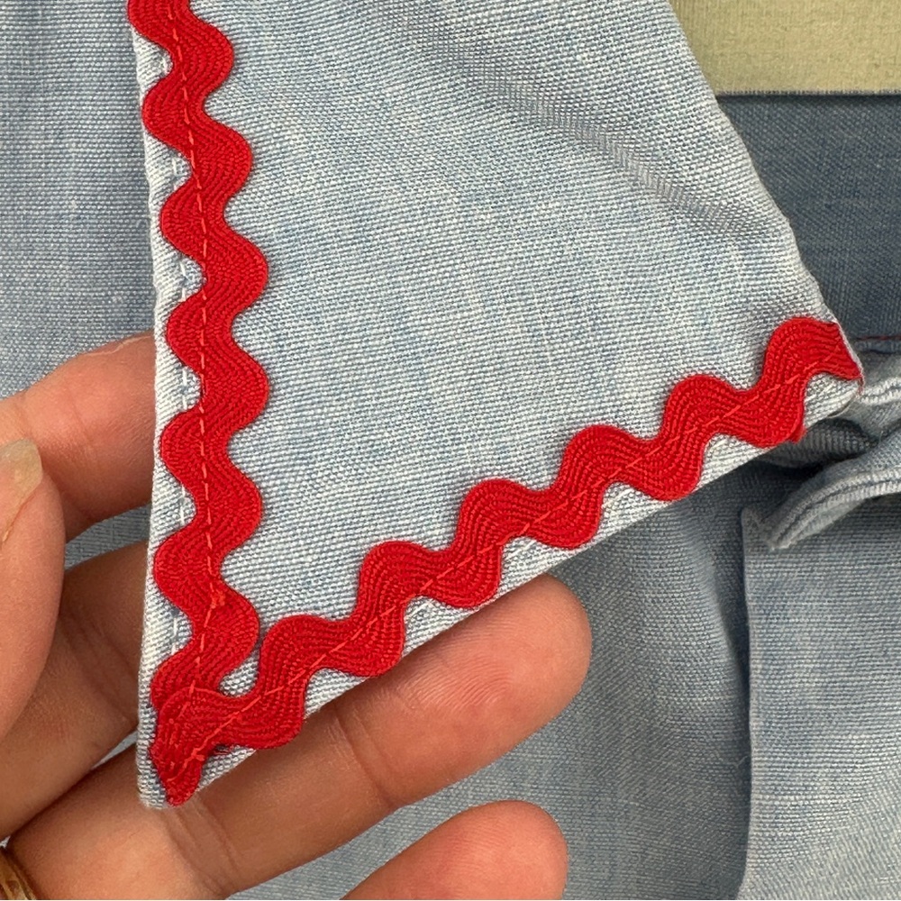 Vintage Blue Shirt with Colorful Patch Pockets Red Rick Rack Quilt‎ - Picture 4 of 9